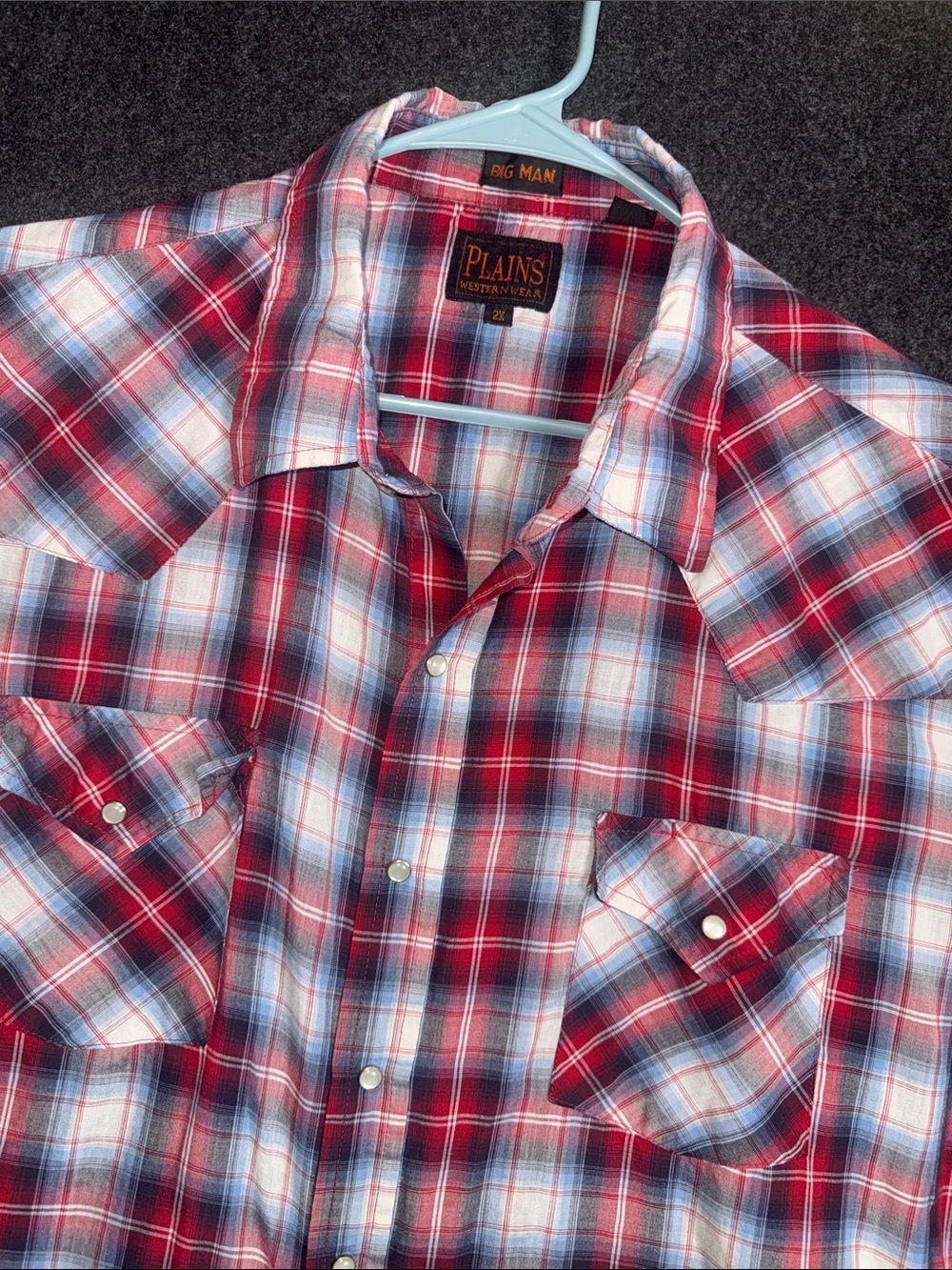 Plains Western Wear Mens 2X Big Man Red Plaid Pearl Snap Short Sleeve Shirt